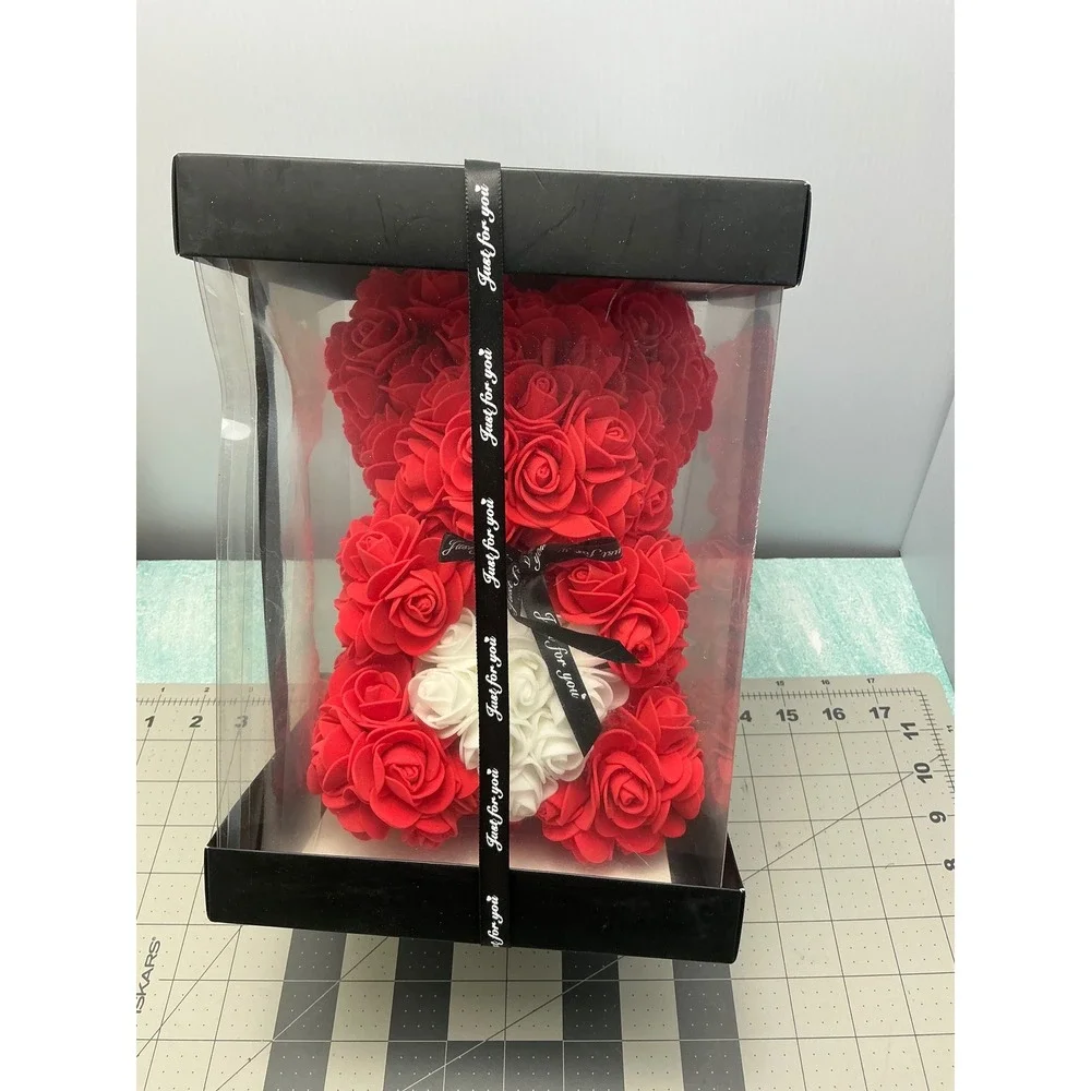 Red White Artificial Rose Bear 10in Gift Boxed for Valentine Anniversary Mom